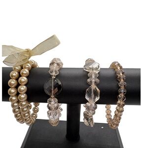 Vintage Stretchy Bracelet Lot Faux Pearl Faceted Glass Crystal Style Neutral 5pc